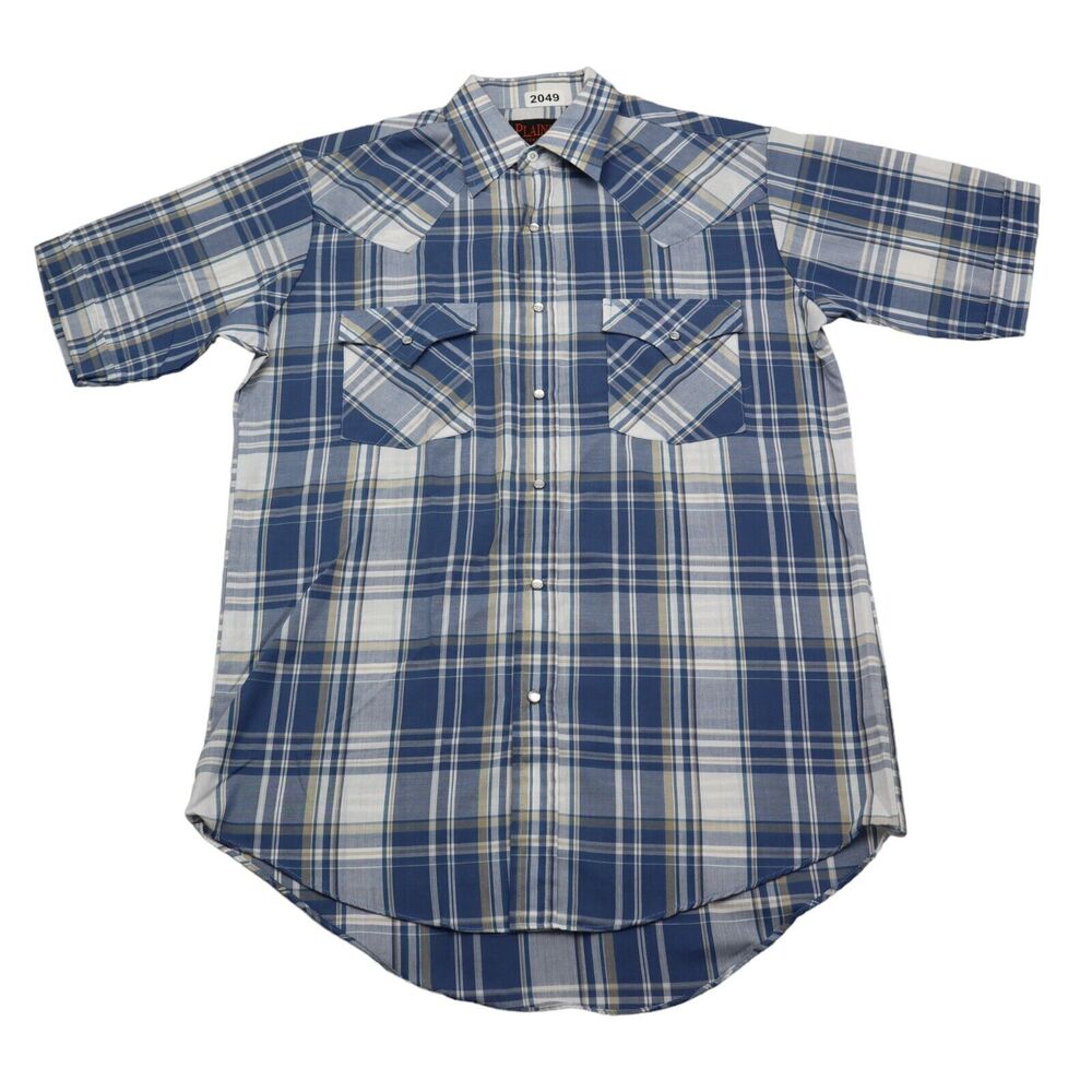 Plains Western Wear Shirt Mens Small Blue Plaid Pearl Snap Button Western